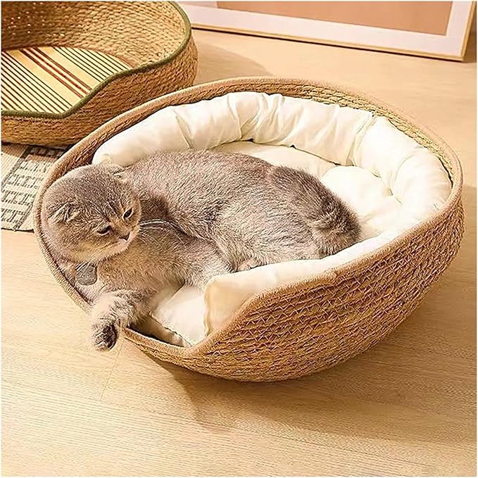 Cat Bed Woven Nest Bed with Soft Cushion and Pillow All Season Weaving Pet Sleeping Resting Scratching Furniture Compatible with Puppy