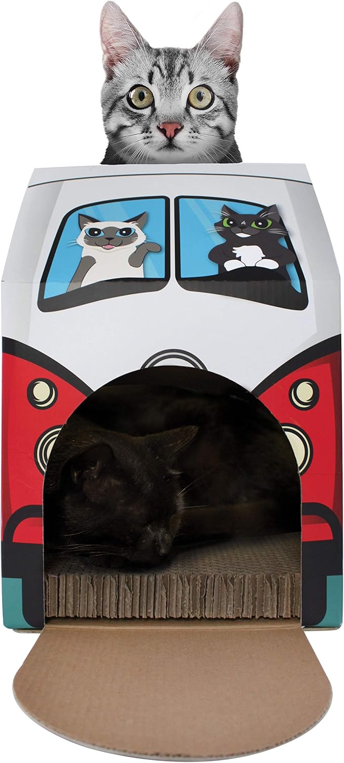 American Cat Club Cat House with Scratcher & Catnip included - Retro Van, 1 Count (Pack of 1)