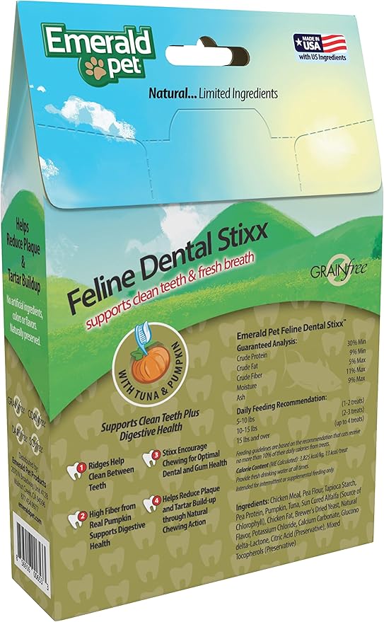 Emerald Pet Grain-Free Tuna Cat Dental Treats – Crunchy Dental Sticks for Cats to Clean Teeth, Reduce Plaque & Tartar, Freshen Breath – Pumpkin for Digestive Health, Natural Cat Chews, 3.6 oz
