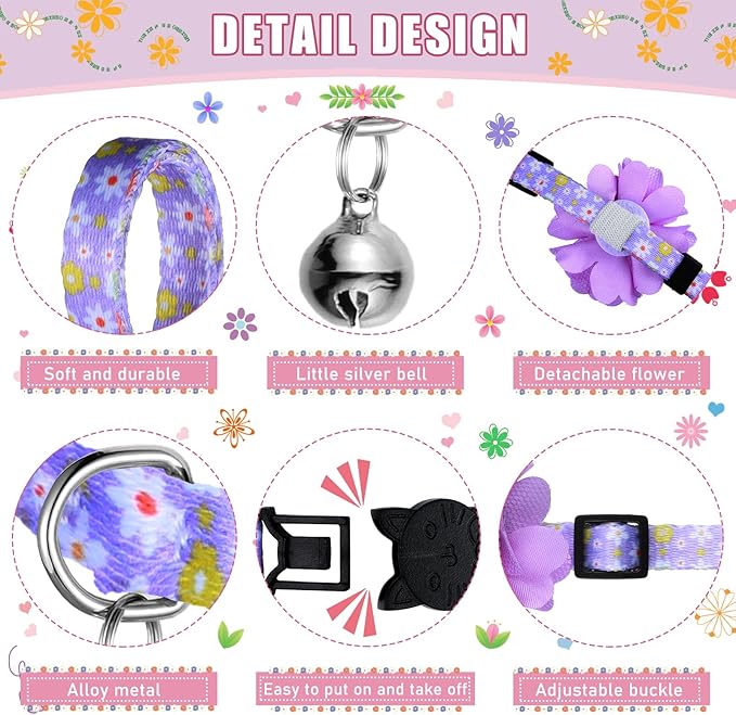 Saintrygo 8 Pack Spring Flower Cat Collars Breakaway with Bells Floral Safety Cat Collar Buckle Cute Cats Kitten Collar Gift for Girl Boy Cats Colorful Adjustable Pet Supplies Daily Decoration(Medium)