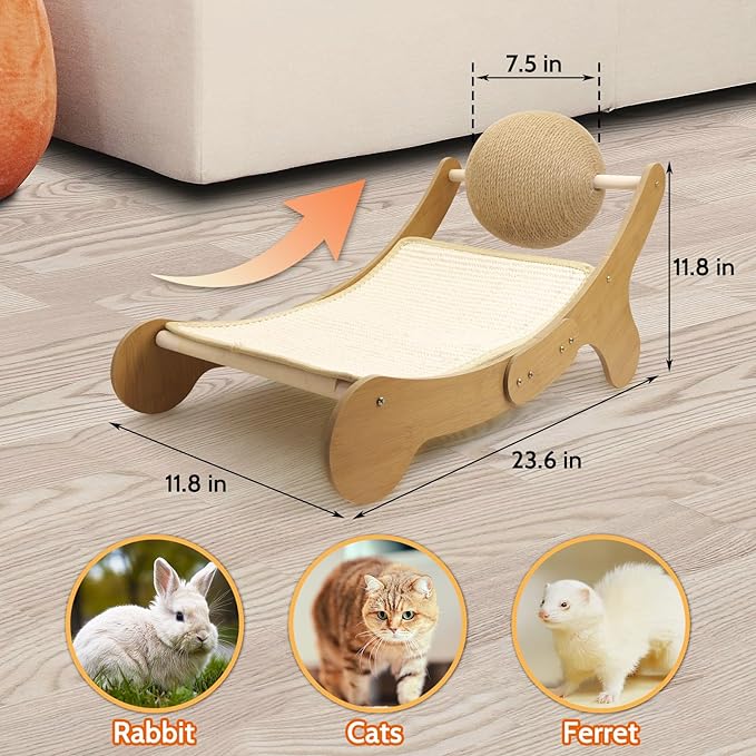 Fhiny Sisal Cat Scratcher Bed, 3 in 1 Kitten Hammock Chair Scratching Pad for Indoor Cat Natural Sisal Scratch Post Ball Kitty Lounge Cat Furniture for Clawing Sleeping Play