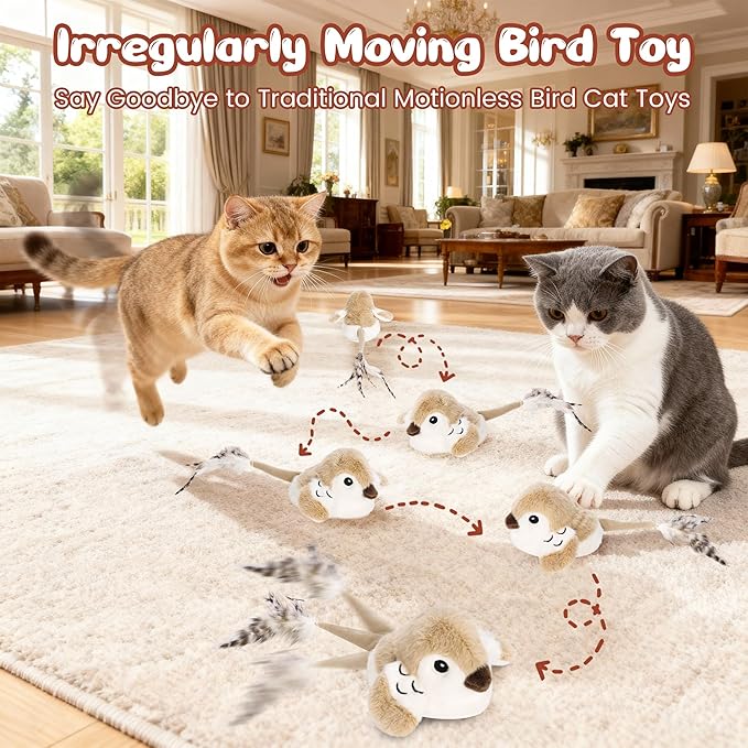 Pawingcat Moving Cat Toy Automatic Cat Toys Interactive Bird Cat Toy with Catnip Toys Wagging Tail Chirp Tweet Rechargeable Interactive Kitten Toy（No Flying Bird）
