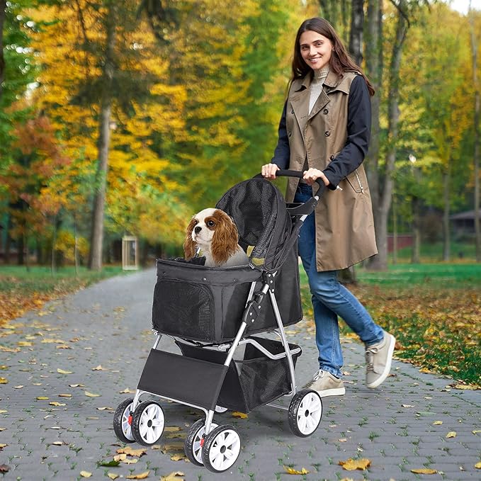 4 Wheels Foldable Pet Dog Cat Jogger Stroller Travel Carrier Strolling Cart w/Waterproof Cover Storage Basket Cup Holder & Removable Liner for Medium Small Cat Dog, Black