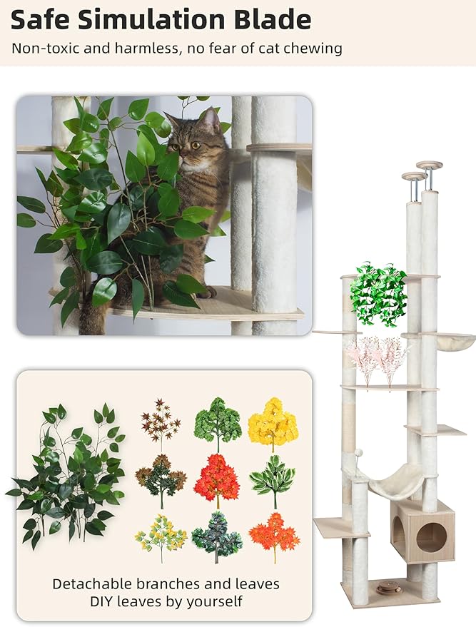 Fantasreen Large Cat Tree Floor to Ceiling Tower, Adjustable Height 77-101 Inches Tall, Climbing Cat Activity Furniture with Thickened Posts, Hammock Bed and Condo for Indoor Cats, White