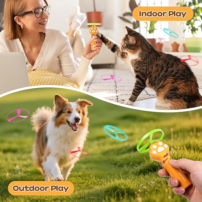 Cat Fetch Toy for Yard Chase, Rechargeable Flying Disc Launcher with 6 Flying Discs, Interactive Cat Hunting Toys for Outdoor & Indoor (Orange)