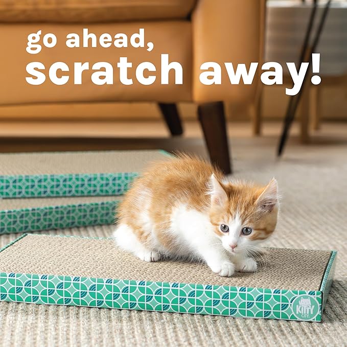 Kitty City Cat Scratcher– 3-Pack Durable Corrugated Cardboard Scratch Pads with Catnip – Double-Sided for Longer Use, Cat Claw Maintenance & Furniture Protection - Size: 10" x 18" - Grey & White