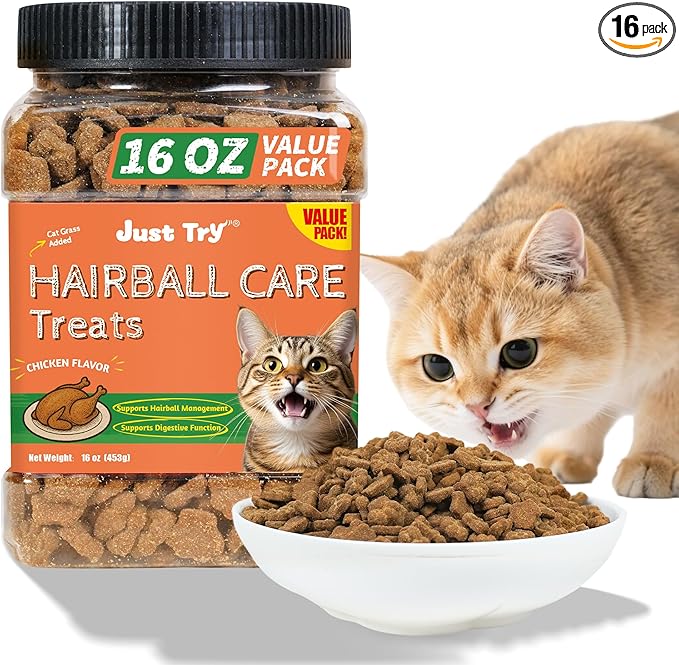 Just Try 16 OZ Hairball Support Cat Treats Hairball Removal Chicken Flavor Healthy Cat Snacks Training Biscuits