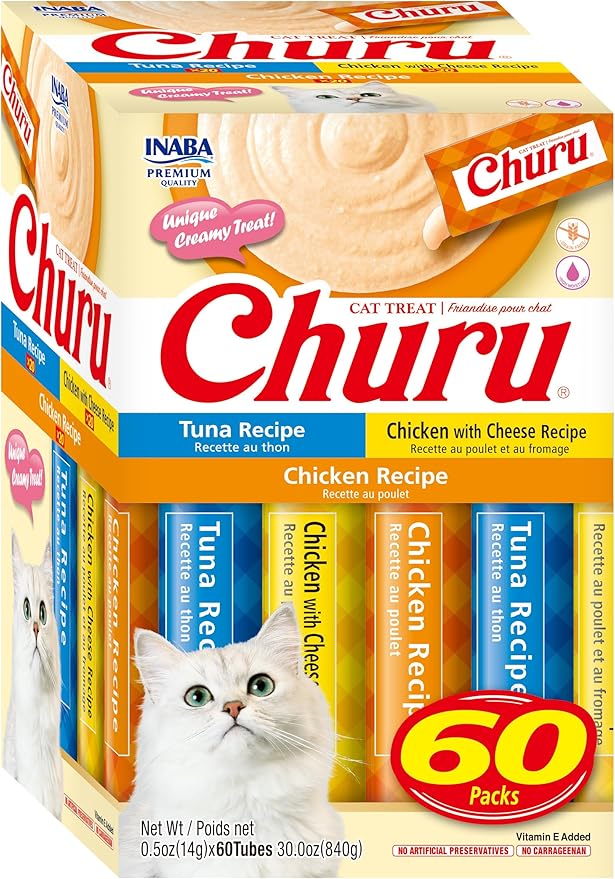 INABA Churu Cat Treats, Grain-Free, Lickable, Squeezable Creamy Purée Cat Treat/Topper, 60 Servings, 3 Flavor Tuna & Chicken Variety Box