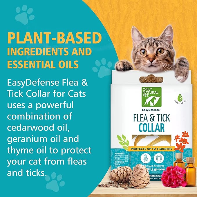 Only Natural Pet EasyDefense Flea & Tick Cat Collar - Feline Flea Collars Biting Insect Control - Pet Care that Protects up to 3 Months - for Cats (Single Collar)