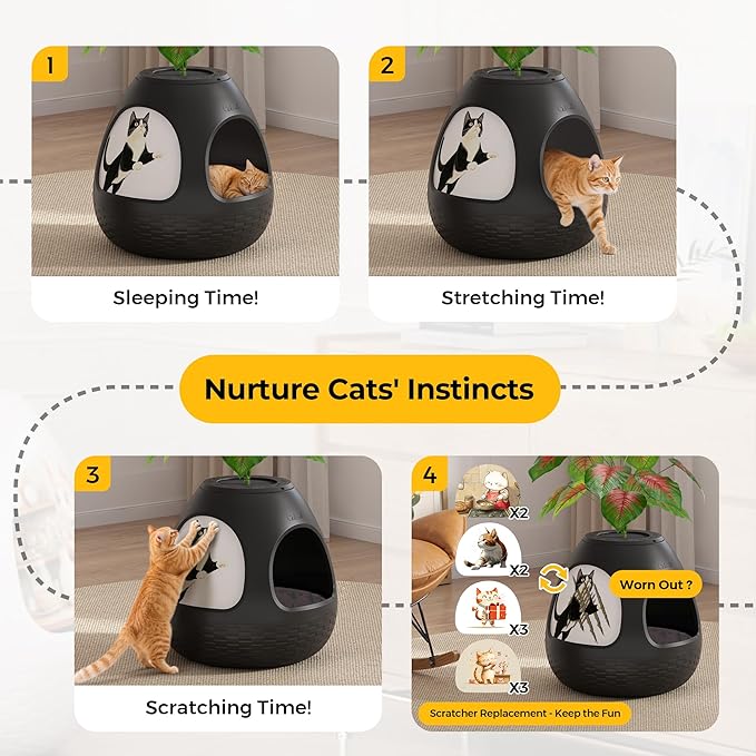 Copod8 Cat Bed Cave for Indoor Cats 4-in-1 Kitten House Cat Bed with Replaceable Scratching Board, Heating Pad, Air Purifier and Artificial Plant for Cats Rabbits Guinea Pigs Small Dogs (Black)