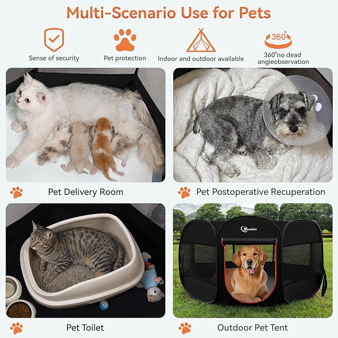 Siedihit Dog Playpen, Large Puppy Pet Playpen, Dog Crate Tent Cage Indoor/Outdoor, Portable Pop Up Dogs Kennel Playpen with Carrying Case for Dogs/Cats/Rabbitss, Black