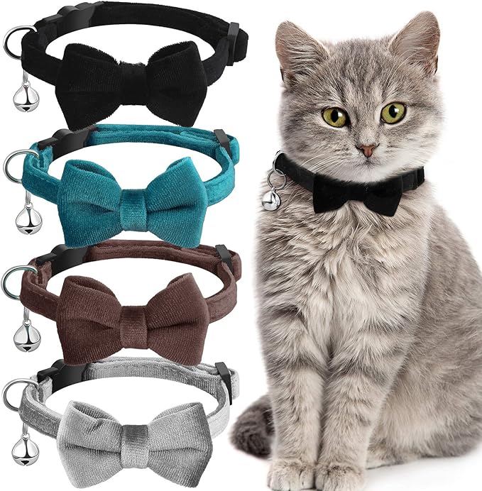 4 Pieces Cat Bow Tie Collar with Bell Breakaway Cat Comfortable Velvet with Cute Safety Pet Collar for Pet Kitten Puppy(Small,Black, Gray, Coffee, Blue)
