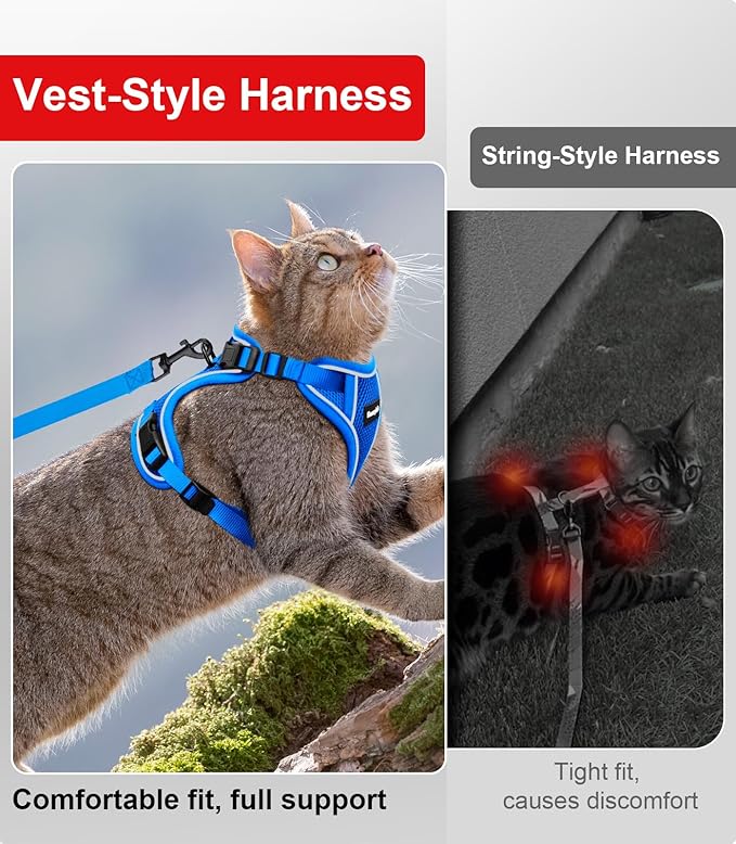 Cat Harness and Leash for Walking Escape Proof Soft Adjustable Cat Leash Breathable Comfortable Vest Easy to Wear Kitten Harness for Outdoor Travel (Blue, S (7-12lb))