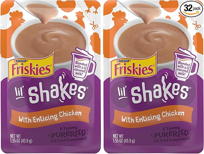 Friskies Purina Pureed Cat Food Topper,Lil’ Shakes with Enticing Chicken Lickable Cat Treats - 1.55 oz. Pouches,(Pack of 32)