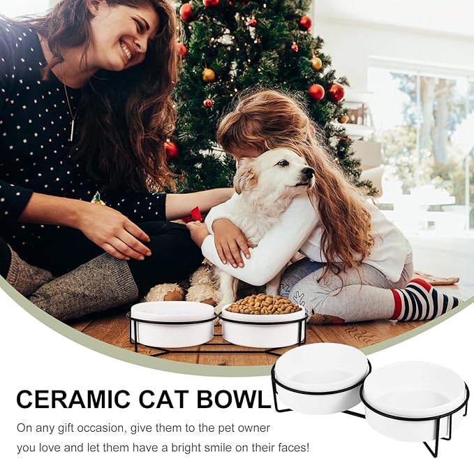 POPETPOP Ceramic Double Pet Bowl Set with Black Iron Elevated Stand, 13cm Raised Cat Feeder and Dog Food Bowl for Stable Feeding and Watering