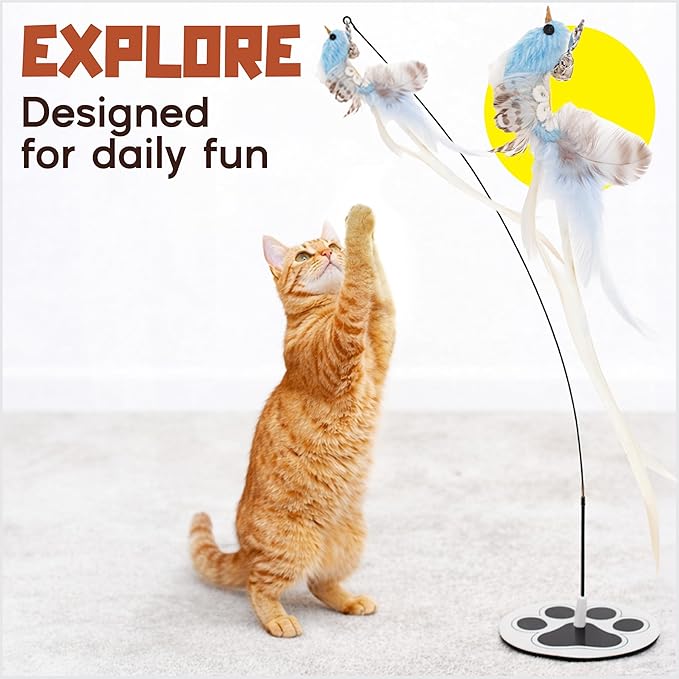 Interactive Cat Toys for Indoor Cats - 5 Replacement Feathers with Bells - Teaser Wand Toy - Self Play Bird Simulation - Bored Adult Feline Hunting Solo Chaser Activity - Kitten Juguetes para Gatos