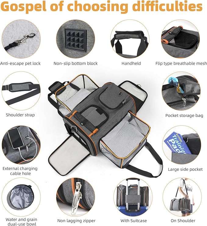 Cat Carrier,Portable Pet Carrier Bag for Cats and Small Dogs,Foldable Soft-Sided and Scratch-Proof mesh Cat Bag Pet Carriers,Airline Approved Pet Carrier,Pet Travel Carrier Up to 15 Lbs,Grey
