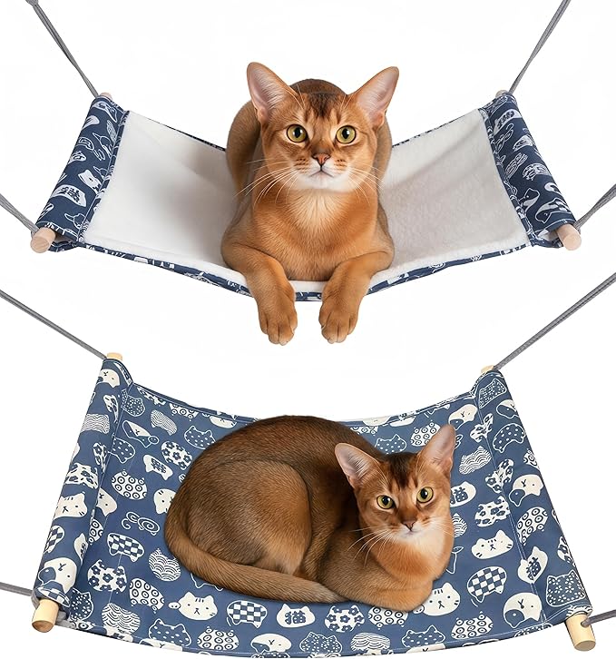 Fantasreen Reversible Cat Hanging Hammock 2 Pieces Soft Pet Cage Hammock with Adjustable Straps and Metal Hooks Double Sided Hanging Bed for Small Rabbits Ferret Cat