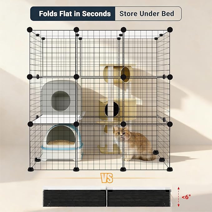 DIY Modular Cat Enclosure 3x3x2 Grid | Extra Large Indoor Cat Playpen | Foldable Black Wire Metal Cat Cage with Multi-Level Shelves | Approx. (43.7" x 29.5" x 43.3")