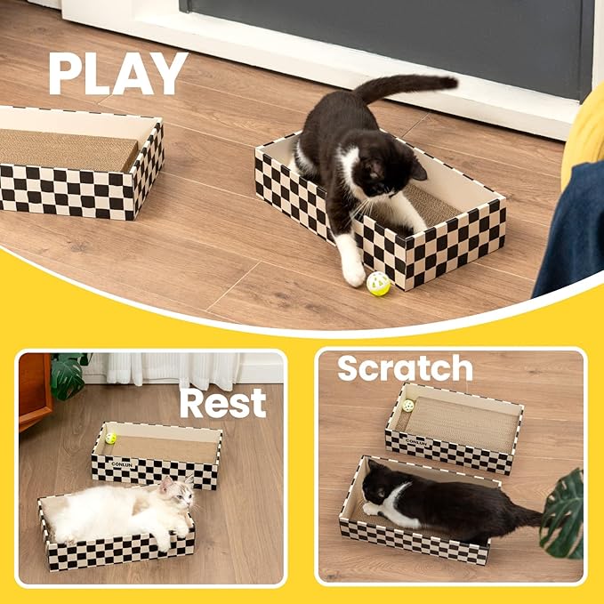 Conlun Cat Scratcher Box with 4 Scratching Pads&2 Separate Cardboard Boxes,2-in-1 Cardboard Cat Scratch for Multiple Kitten Interactive Play,Checkered(Ball & Fish Catnip Toy Included)