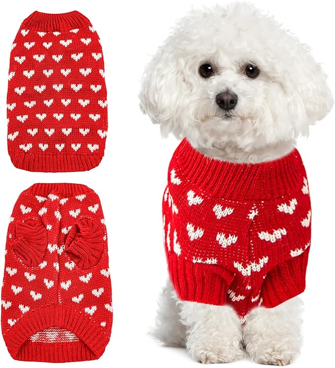 Heart Knit Pet Sweater, Warm Pullover Winter Clothes for Small and Medium Dogs Cats, Soft Puppy Outfit for Cold Weather, Christmas, Valentine's Day (Red, L (Fit 8–9 lbs, Chest 13–14", Neck 10–11"))