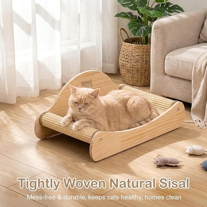 3 in 1 Cat Scratcher Bed, 100% Sisal Comfy Chaise Lounge for Cats to Rest & Scratch & Play, Protects Furniture, Durable Cat Scratching Board to Relieve Stress - Wood Color