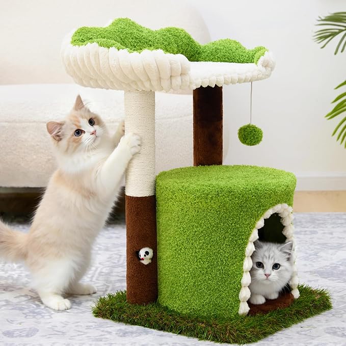 Woochpet Multi-Level Cat Tree with Sisal Scratching Post, Small Cat Tower with Cozy Condo, Soft Top Perch and Interactive Toy Mouse, Cute Forest Design Cat Furniture for Indoor Cats and Kittens
