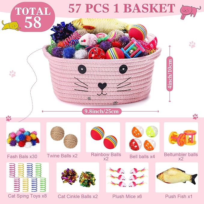Zopeal 58 Pcs Summer Graduation Cat Storage Basket Gift Toys Set, Colorful Flashing Balls Pet Bell Crinkle Balls Spring Toys Attract Cat to Swat, Hunt, Interactive for Pet(Pink,9.8 Inch)