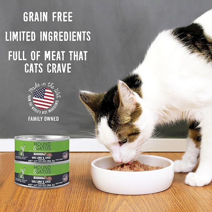 Hound & Gatos Lamb Wet Cat Food, Single Protein, 98% Real Meat Formula, Grain Free Limited Ingredient Cat Food, 5.5 oz Cans (Pack of 24)