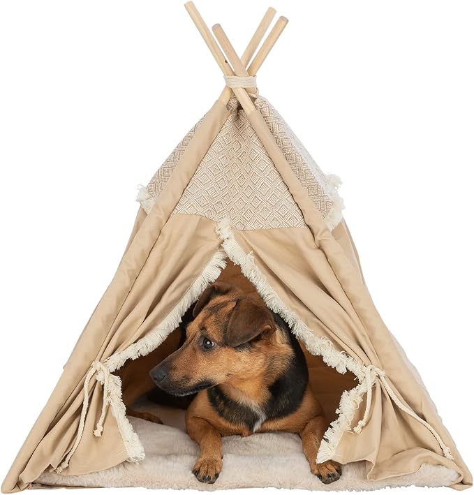 TRIXIE Boho Tipi for Dogs and Cats, Stylish Bed for Cats and Dogs with Reversible Cushion and Tie-Backs, A Perfect Retreat for Kitties and Pups, Beige