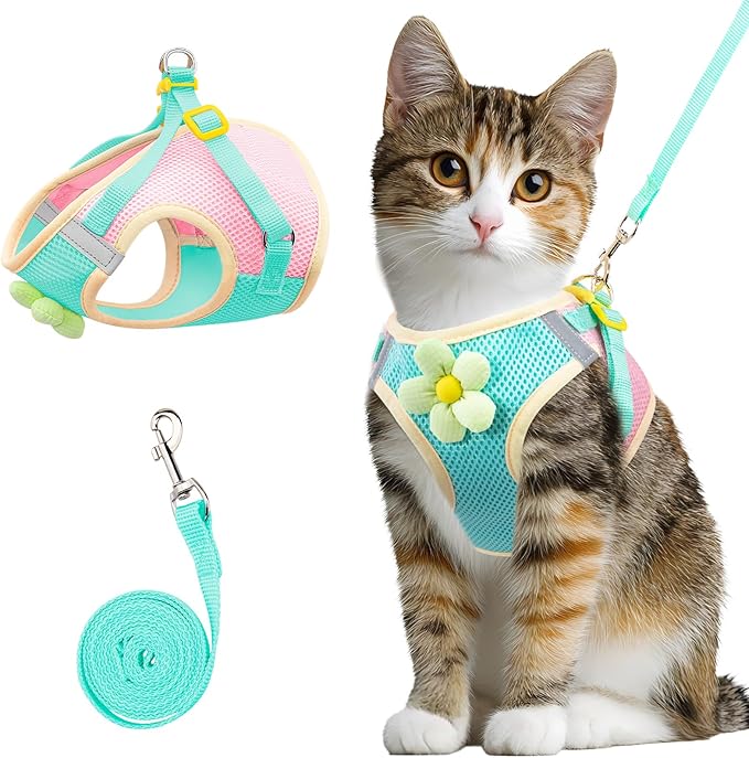 Cat Harness and Leash Set Escape Proof, Adjustable Cat Vest Harnesses Soft Kitten Harness Reflective Strips Jacket with Flower, Breathable Mesh Harnesses for Cats Puppy Easy to Wear Outdoor Walking