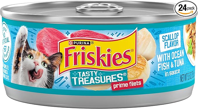 Purina Friskies Wet Cat Food Tasty Treasures With Ocean Fish and Tuna in Sauce (Scallop Flavor) - (Pack of 24) 5.5 oz. Cans