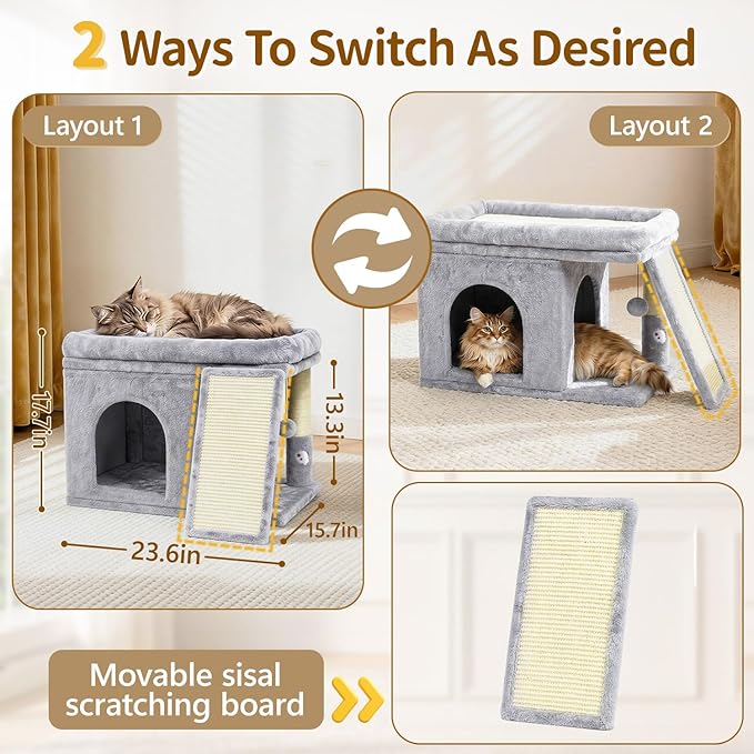 Cat Tree Tower Bed with Scratching Post for Indoor, Heavy Duty Small Stand House Condo for Large Cats & Kittens, Platform Perch Hideout Climb Rest Area, Modern Sturdy Furniture, Light Gray