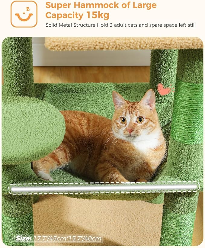 MUTTROS Cactus Cat Tree for Indoor Cats, 45.7" Multi-Level Cat Tower with Large Metal Frame Hammock, Cat Condo with 4 Scratching Posts and Top Perch, Green