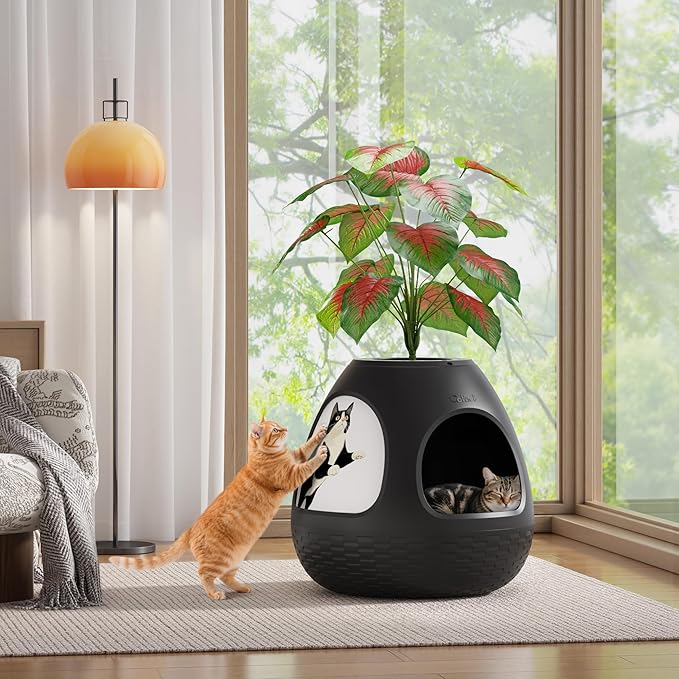 Copod8 Cat Bed Cave for Indoor Cats 4-in-1 Kitten House Cat Bed with Replaceable Scratching Board, Heating Pad, Air Purifier and Artificial Plant for Cats Rabbits Guinea Pigs Small Dogs (Black)