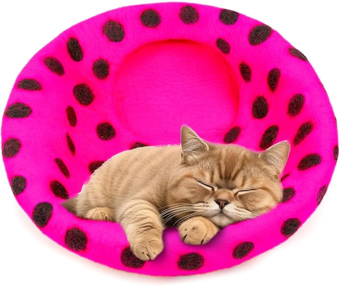 Woolygon Premium Felt Cat Cave Bed – Wool Kitty Beds Handcrafted Kitten Caves Bed for Indoor Cats - Made from Merino Wool, Foldable Cat Hideaway Covered Cat House Pod (Pink Polka)