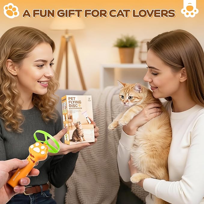 Cat Fetch Toy for Yard Chase, Rechargeable Flying Disc Launcher with 6 Flying Discs, Interactive Cat Hunting Toys for Outdoor & Indoor (Orange)