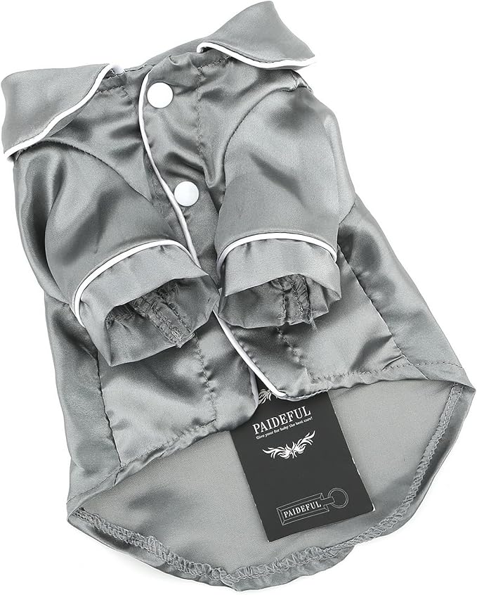 PAIDEFUL Soft Faux Silk Sleepwear for Small Dogs Cats Lapel Doggie Loungewear Lightweight Breathable Puppy Pajamas PJS Two-Legged Pet Shirt Clothes Summer Spring Chihuahua Apparel Button Up,Gray,XXL