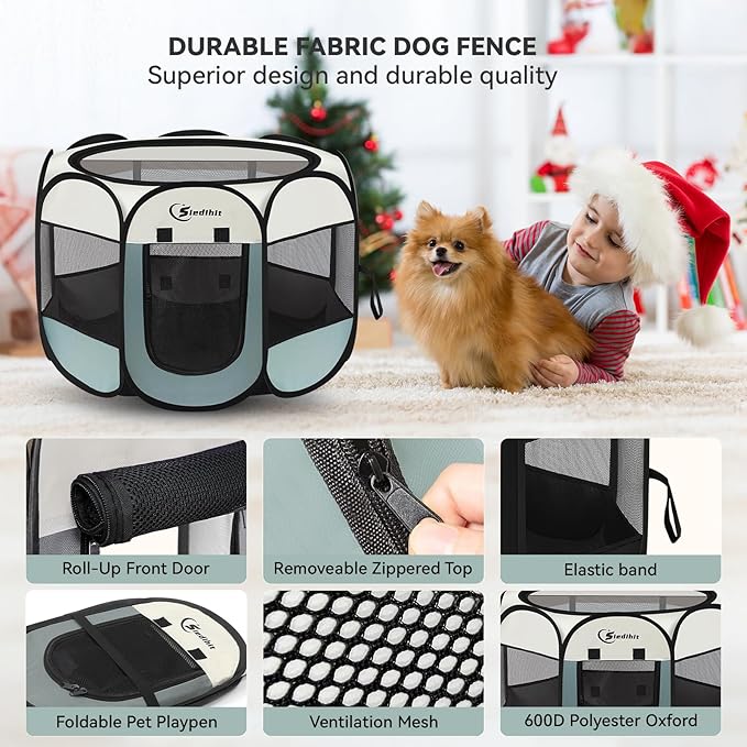 Siedihit Dog Playpen, Puppy Pet Playpen, Medium Dogs Tent Crates Cage Indoor/Outdoor, Portable Pop Up Dog Kennel Playpen with Carrying Case for Dogs/Cats/Rabbits, Removable Zipper Top, Grey