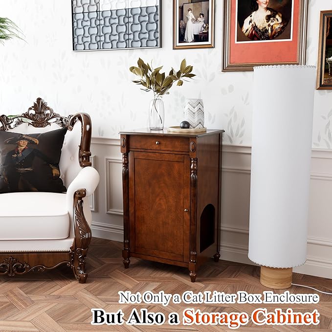 Solid Wood Cat Litter Box Enclosure, Hidden Litter Box Furniture, Wooden Pet House Storage Cabinet, Wooden Floor Cabinet for Hallway, Entryway or Living Room Home Decor, Cherry Walnut