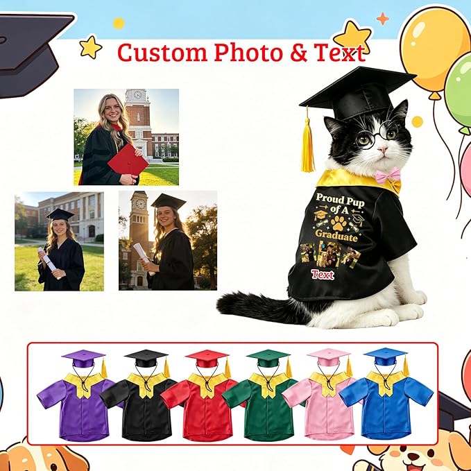 Personalized Cat Graduation Cap and Gown with Name Photo and Tassel, Custom Adjustable Pet Graduation Costume for Small Medium Large Cats Dogs Ceremony Photo Props