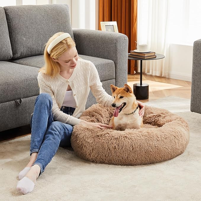 DUMOS 30.7x30.7 Inch Calming Donut Dog Beds for Large Dogs, Machine Washable Cuddler Warming Cozy Fluffy Faux Fur Plush Round Pet Bed, Anti-Slip Bed for Indoor Dogs and Cats, Brown