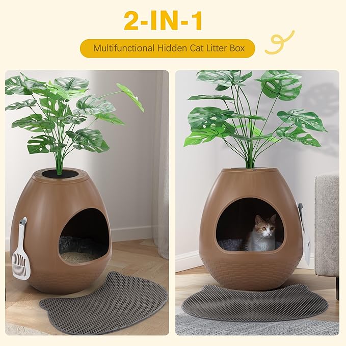 Eggloa6 Hidden Litter Box Plant Cat Litter Box with 5PCS Litter Box Liners, Cat Litter Mat, Smart Odor Removal System, Artificial Plants & Scoop for Kitty Squirrel Guinea Pig