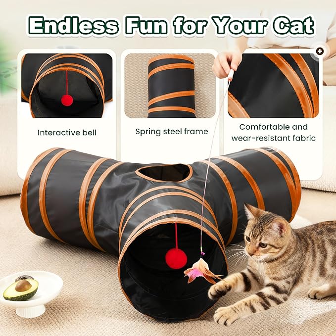Love’s Cabin Cat Tunnel for Indoor Cats, 3-Way Collapsible Play Tunnel with Teaser Wand, Peek Holes & Toy Ball, Small Pet Toy for Kittens & Rabbits, Black & Orange, Small Size