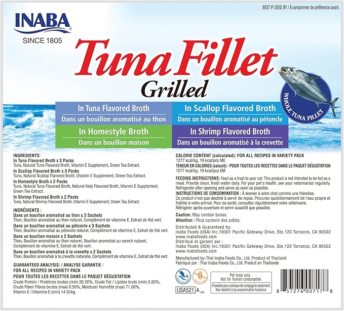 INABA Premium Hand-Cut Grilled Tuna Fillet Cat Treats/Topper with Vitamin E and Green Tea Extract, 0.52 Ounces Each, Pack of 10, Variety Pack