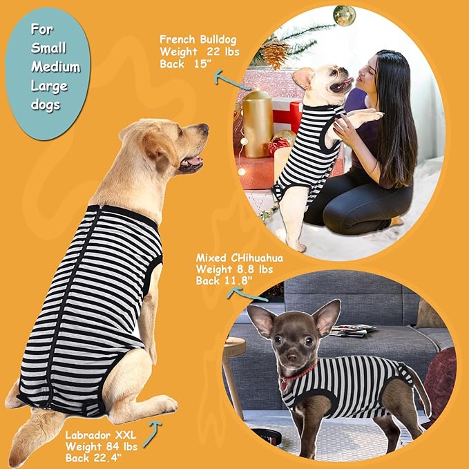 Dog Recovery Suit,Surgery Female Male Dog Shirt,Spay,Neuter Recovery Clothes,Zipper Closure Cotton Striped Wounds Protect Suit,Black Striped XS