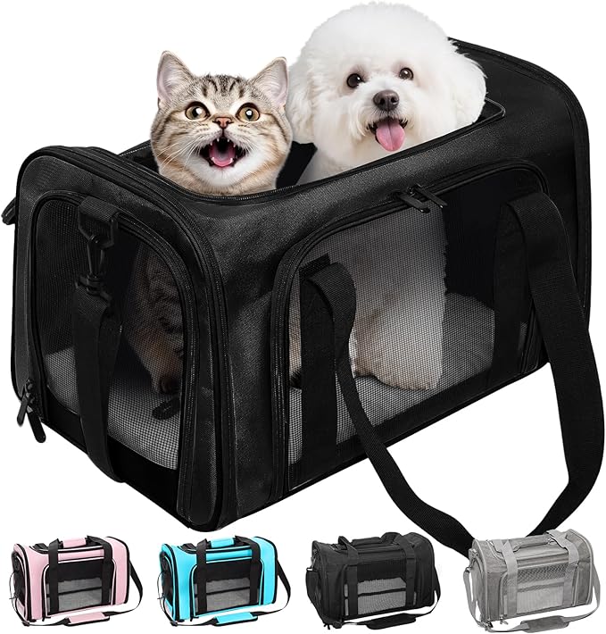 Soft-Sided Cat Carrier Expandable Pet Carrier Airline Approved Mesh Travel Carrier Up to 22lbs for Cats Small Dogs Collapsible Escape-Proof with Shoulder Strap (20x13x13 Black)
