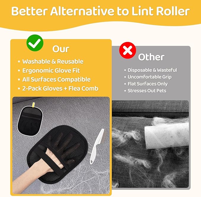 Pet Hair Removal Glove for Dogs & Cats, Upgraded 2PCS Five-Finger Electrostatic Pet Hair Remover with Grooming Comb, Reusable Washable Magic Brush Hair Tool Mitt for Clothing, Couch, Carpet, Car Seat