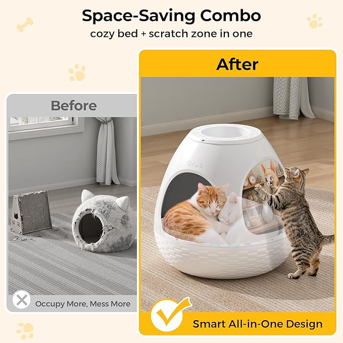 Copod8 Cat Beds for Indoor Cats 4-in-1 Cat Bed Cave Kitten House with Replaceable Scratching Board, Heating Pad, Air Purifier and Artificial Plant for Cats Rabbits Guinea Pigs Small Dogs (White)