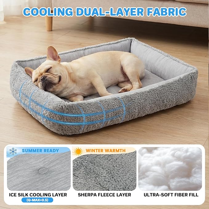 Washable Dog Bed for Small, Medium & Large Dogs - Reversible Design (Ice‑Silk Cooling Layer | Sherpa Fleece Layer), Rectangle Dog Beds for Crate, Grey (24" × 15")